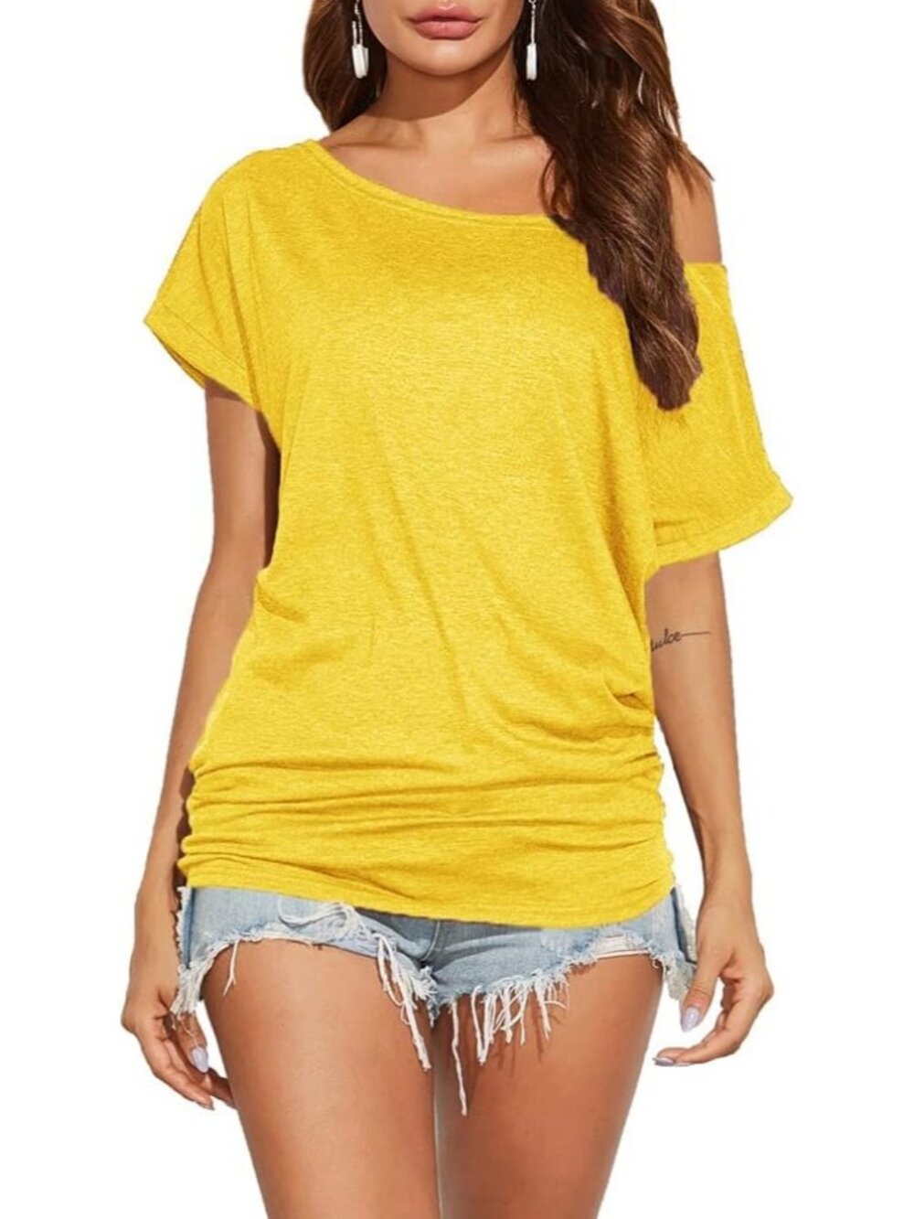 Women's Light Yellow Off Shoulder Short Sleeve Shirt Summer Casual Tunic Top